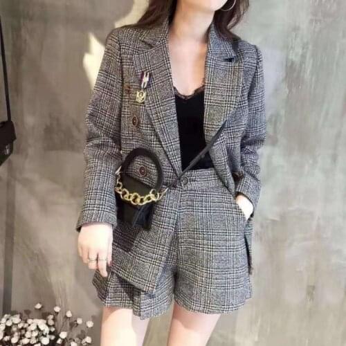Vintage 2 Piece Set Plaid Blazer Women Double Breasted Office Ladies Blazer Jackets With Shorts Work Wear Female Blazer Suits