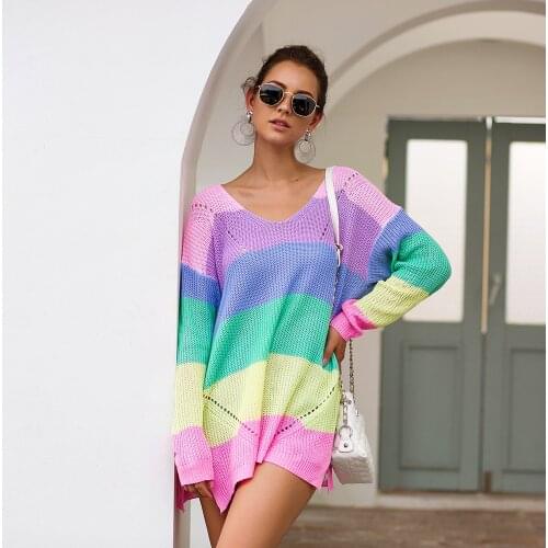 Casual Rainbow Striped Sweater Women V-Neck 2020 New Fall Winter Long Sleeve Knit Loose Pullovers Jumper Sexy Oversized Sweaters