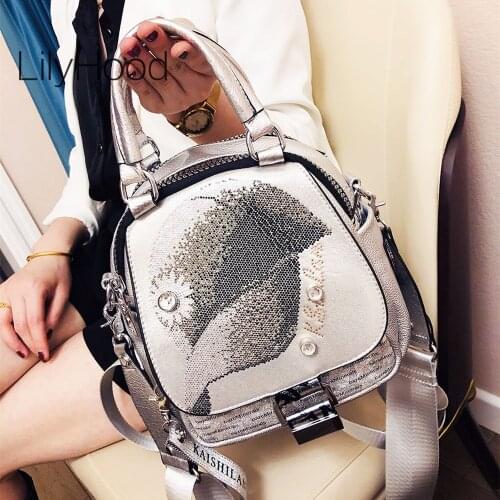 Women Pu Vegan Leather Rhinestone Hat Convertible Handbag Backpack 2021 Female Faux Leather Multi-pockets Small Everyday Daypack