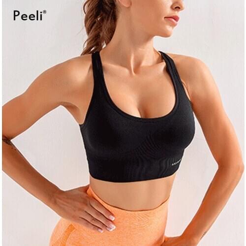 Peeli Backless Seamless Sports Bra Top Women Fitness Sportswear Push Up Gym Crop Top Racerback Gym Brassiere Running Underwear