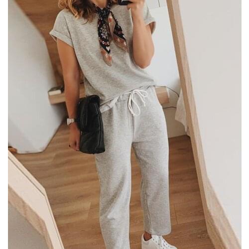 Loungewear Sporty Women 2 Piece Set Round Neck Short Sleeve T Shirt Drawstring Trousers Ladies Suit Summer Fashion Sportwear Set