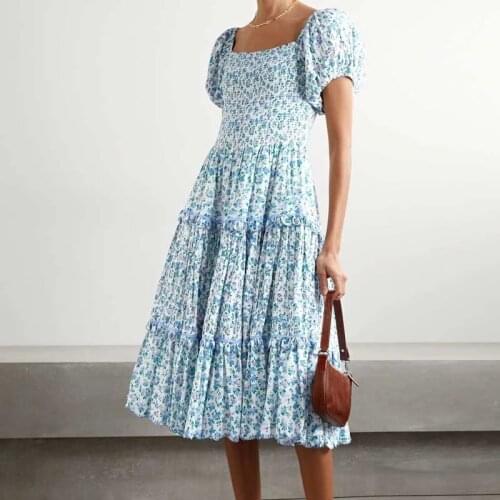 2021 Autumn Patchwork Short Sleeve Beach Style Lantern Sleeve A-line Dress Vocation Ladies Mid-calf Dress