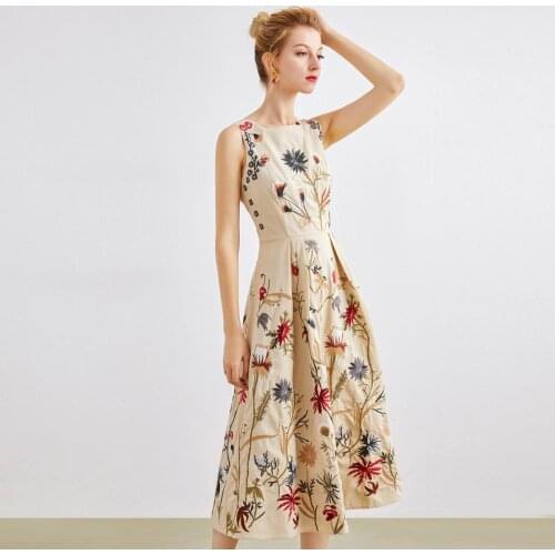 2021 new womens summer Retro sleeveless embroidered dress Cotton hemp elegant Celebrity fit A-line ladies Slim dresses
