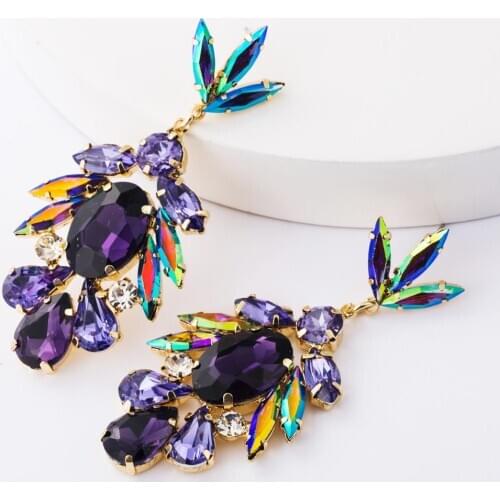 2020 Newest Multicolor Big Glass Crystal Earrings Women Luxury CZ Rhinestone Long Earrings Indian Statement ZA Earrings Jewelry