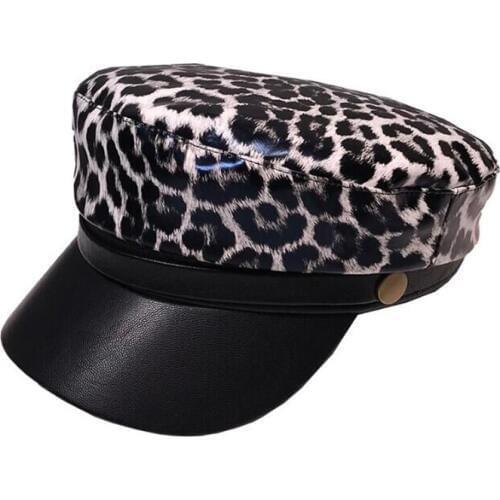 Beret Female Autumn Winter Hats For Women Leopard Ladies 100% Pu Leather Beret Cap Gorras Bone Vintage England Black
