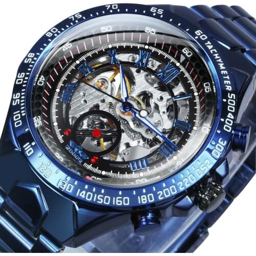 WINNER Blue Skeleton Watch For Men Mechanical Wristwatches Luminous Fashion Sport Mens Watches Top Brand Luxury Stainless Steel