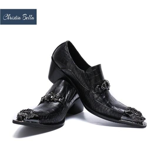 Christia Bella Fashion Chain Genuine Leather Men Business Shoes Large Size Slip On Metal Pointed Toe Formal Dress Men Shoes