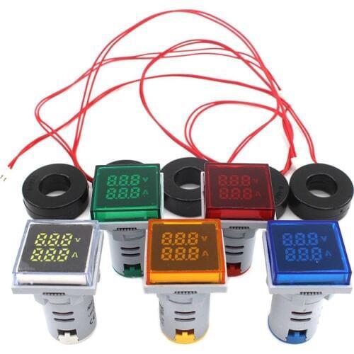 Square AC Digital LED Display Voltmeter Ammeter Volt Voltage Ampere Current Meter Warning Indicator Signal Lights Tester 60-500V