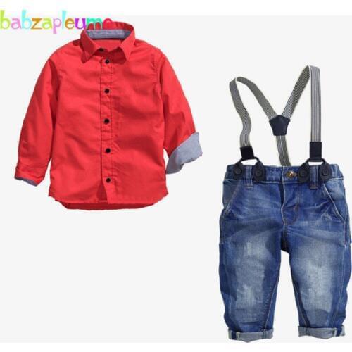 Babzapleume Spring Autumn Children Clothes Fashion Long Sleeve Baby Red Shirt+Jeans+Strap Toddler Boys Clothing Sets BC1667-1