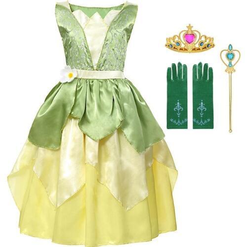 Girls Princess Tiana Dress up Costume Kids Cosplay Princess and The Frog Clothing Child Birthday Party Halloween Fancy Ball Gown