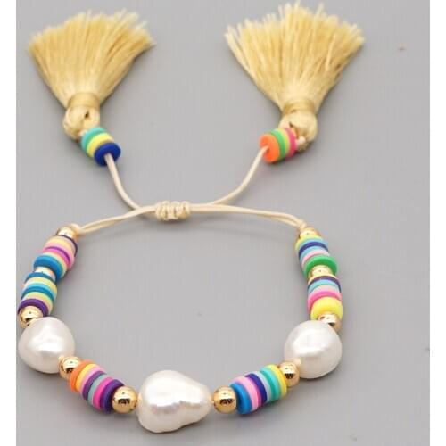 Go2Boho Perles Heishi Bracelet For Women Polymer Clay Beads Tassel Bracelets Summer Beach Freshwater Baroque Pearl Jewelry