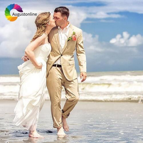 Khaki Beach Wedding Suits for Men Groom Tuxedos 2 Pieces (Jacket+Pants) Slim Fit Bridegroom Best Man Blazer Costume Homme Ternos