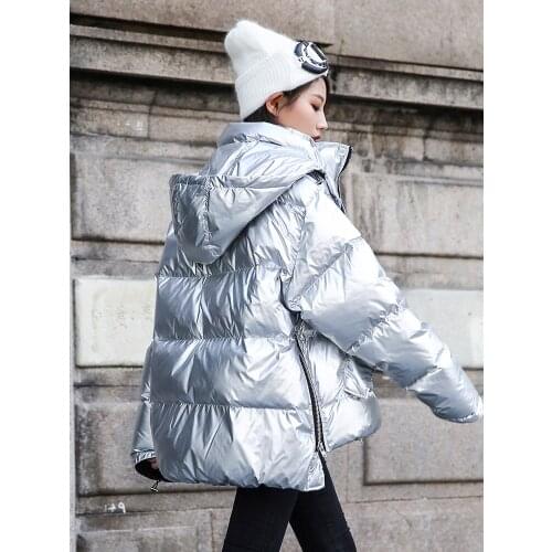 Oversize Winter Woman Hooded Coats Women New black Silver Shiny Loose Warm Cotton Jackets Casual Fashion Ladies Parka Coat