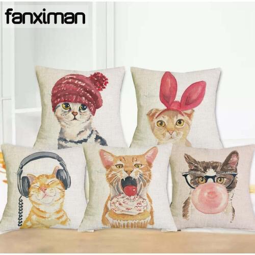Cute Lovely Cat Print Cushion Cover Cotton Linen Throw Pillow Cover 45x45CM Square Pillow Case Home Office Car Sofa Decor