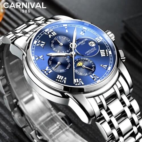 Fashion Men Blue Wrist Watch Week Display Mens Automatic Mechanical Watch Relogio Masculino Stainless Steel Male Clock Luminous