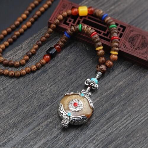 Fashion Vintage Nepal Buddhist Mala Wood Beads Pendant Necklace For Women Men Ethnic Long Sweater Chain Jewelry