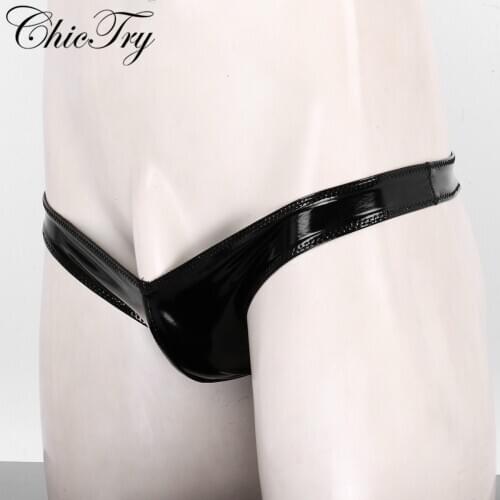 Mens Sexy G-string Thong Panties Wet Look Patent Lingerie Low Waist Bulge Pouch Open Butt Mini Jockstrap Thong Briefs Underwear