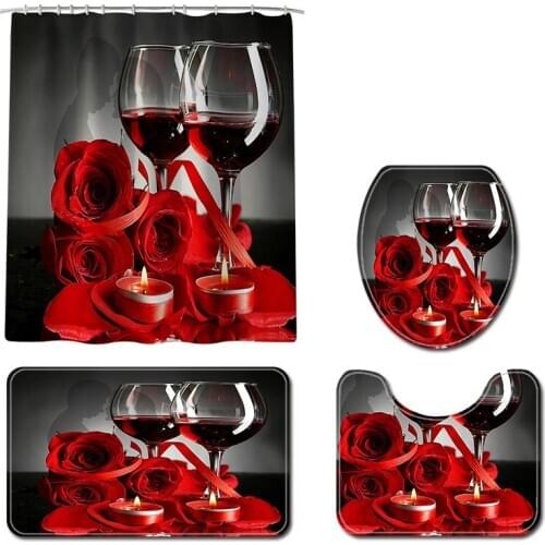 New Rose Red Wine Shower curtain And Bath Mats Set Bathroom Set Rug Anti Slip Carpet for Home Decor Toilet Mat Bathroom Rug