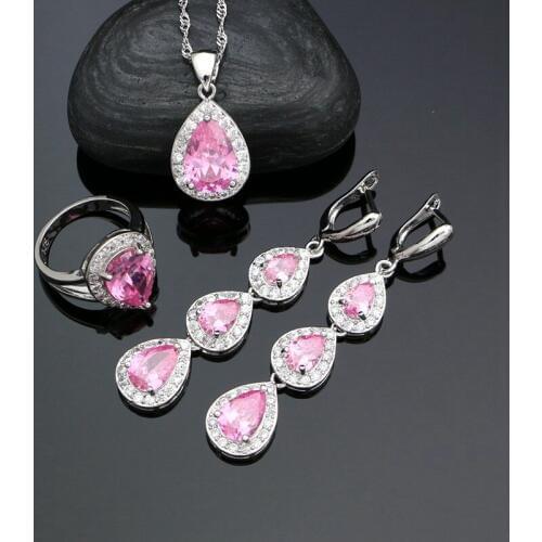 Water Drop Stones 925 Silver Jewelry Sets For Women Pink Cubic Zirconia White Crystal Long Earrings Ring Pendant Necklace Set