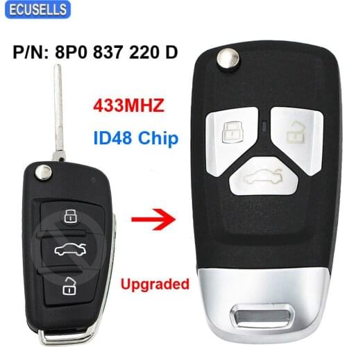Upgraded 3 Button Flip Remote Car Key 433MHz ID48 Chip 8P0837220D for Audi A3 S3 RS3 TT TTS TTRS 8P0 837 220 D HU66 Uncut Blade
