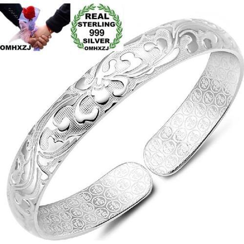 OMHXZJ Wholesale European Fashion Woman Girl Party Wedding Gift Flower S999 Sterling Silver Cuff Bangle BA33