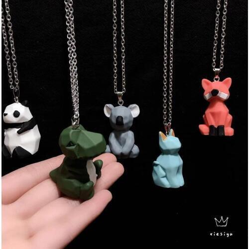 3D Cartoon Cute Animal Geometric Faceted Stainless Steel Pendant Necklaces Pink Pig Dinosaur Frog Rabbit Panda Jewelry