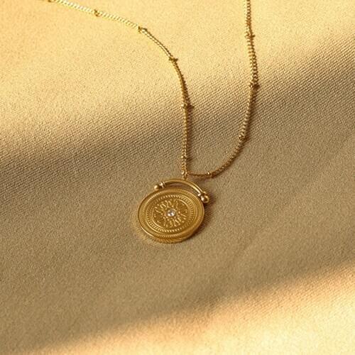 Vacuum Plating 316 Surgical Steel Round Coin French Retro Necklace Sweater Clavicle Chain Pendant Jewelry Female