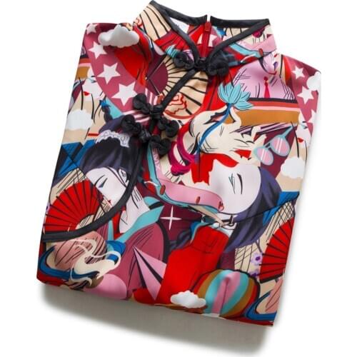 Summer cheongsam young girl anime Ancient geisha printing Fishtail Chinese style dress