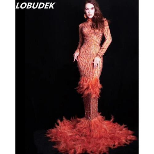 2019 Fashion Female Sparkly Rhinestones Orange Feather Long Dress Evening Prom Celebration Models Catwalk Crystals Mermaid Dress