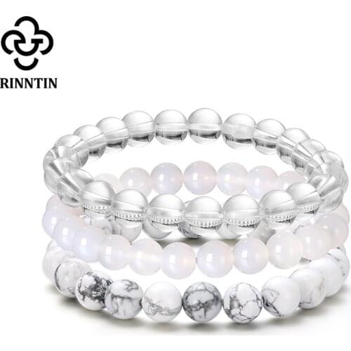 Rinntin 3pcs/set Natural Howlite Stone Beaded Stretch Strand Bracelets for Men Women Reiki Healing Yoga Bracelets Jewelry GMB37