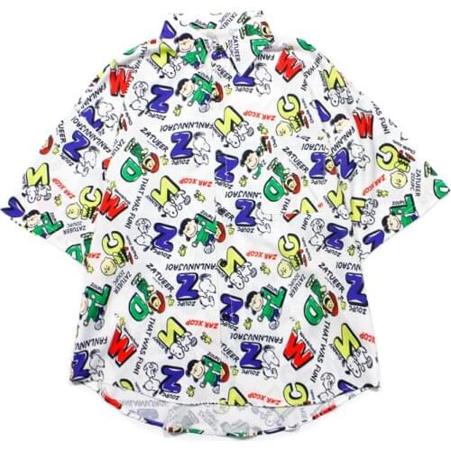 Summer Shirt Women Streetwear Graffiti Vintage Loose Short Sleeve Square Collar Blouse Harajuku Cartoon Print Casual Man Shirt