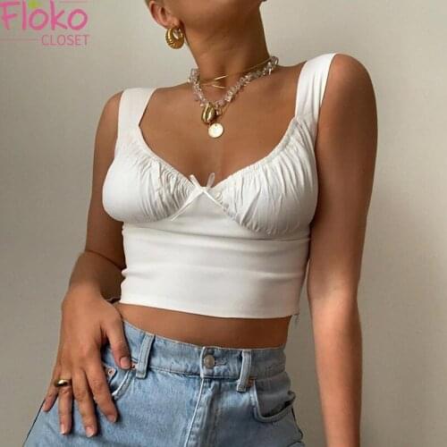 Flokocloset Sexy Bow Pleated U-Neck Tank Tops Summer Sleeveless Short Vest Crop Tops for Women Streetwear
