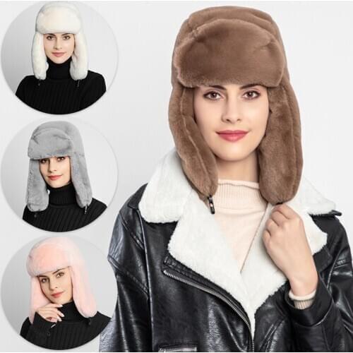 Womens New Autumn Winter Hat Warm Earflap Earmuffs Russian Thicken Lining Snow Skiing Windproof Solid Color Beanies Bomber Cap