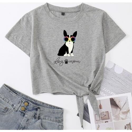 Dog Mom Paw Animal Pet Lover Womens Summer Casual Short-sleeve Printing Cotton T-shirt Cropped Tops Graphic Tee with Front Knot