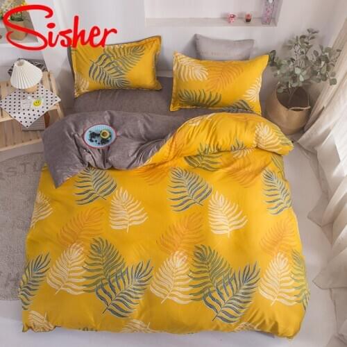 Modern Bedding Set Leaf Print Bed Linen Plaid Duvet Cover Set with Pillowcase Single Double Queen King Quilt Covers Bedclothes
