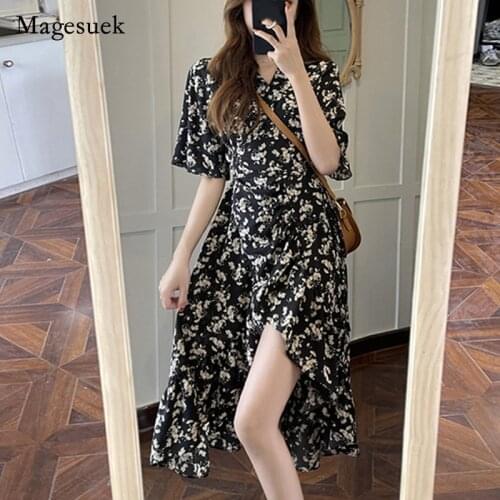 Vintage Midi Long Dress 2021 New Plus Size Summer Dress Women Temperament V-neck Floral Print Dresses High Wasit Vestidos 14498