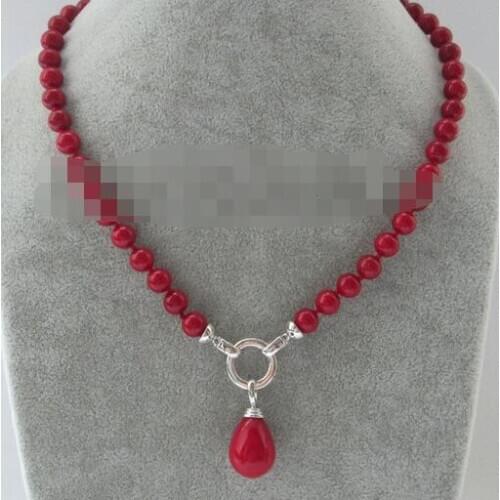 18" 8mm red coral color south sea shell pearl necklace + 20mm shell pendant