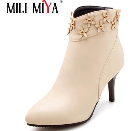 Woman autumn new PU Leather Ankle boots European American style flowers Thin heeled zipper fashion trend Wedding Shoes Sexy