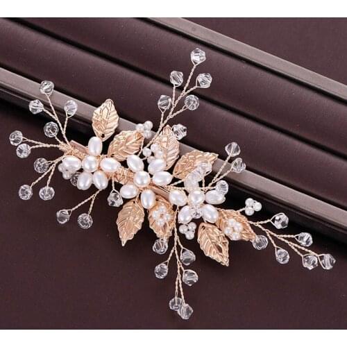 Golden Leaves Hairpins Hand-woven Pearl Headdress Bridal Wedding Headpieces Female Hair Accessories BN