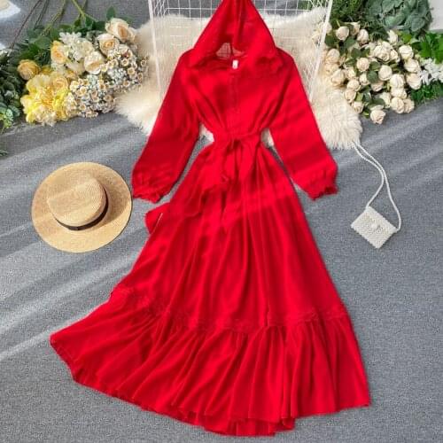 Women Hooded Red Long Dress Vintage Long Sleeve Embroidery Chiffon Dresses Female Vacation Beach Vestidos Mujer Autumn 2021 New