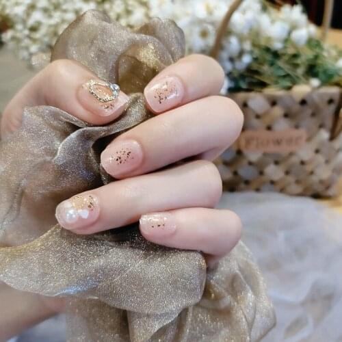 24pcs Pearl Inlaid Nail Patch Glue Type Removable Short Paragraph Fashion Manicure Save Time False Nails Patch Nail Sticker