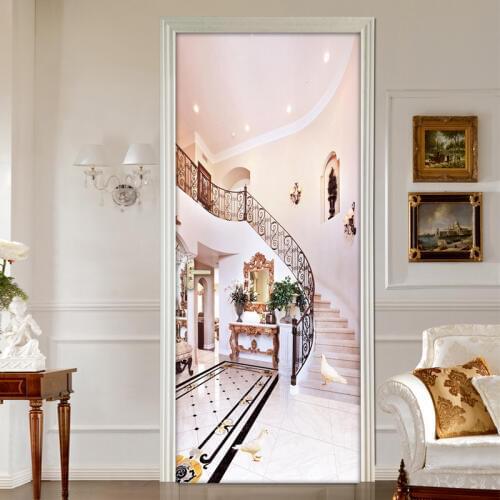 3D European Style Stairs Door Decoration Sticker Waterproof Vinyl Door Mural PVC Self Adhesive DIY Wall Decals Bedroom Wallpaper