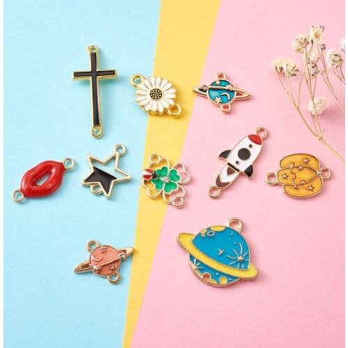 40pc Alloy Enamel Links Charm Pendant with Rhinestone Rocket Planet Clover Shape Connector Charm for Jewelry Making Bracelet DIY