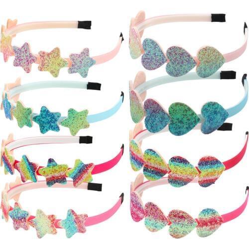 8pcs/set Girls Birthday Party Headbands Glitter Rainbow Shiny Hairbands Sweet Heart Star Hair Band Princess Head Hoop Headwear