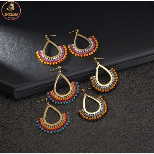 Akizoom New Fashion Colorful Bead 14K Gold Earring Stud Bohemia Dangle Earrings for Women Girls Party Jewelry Birthday Gifts