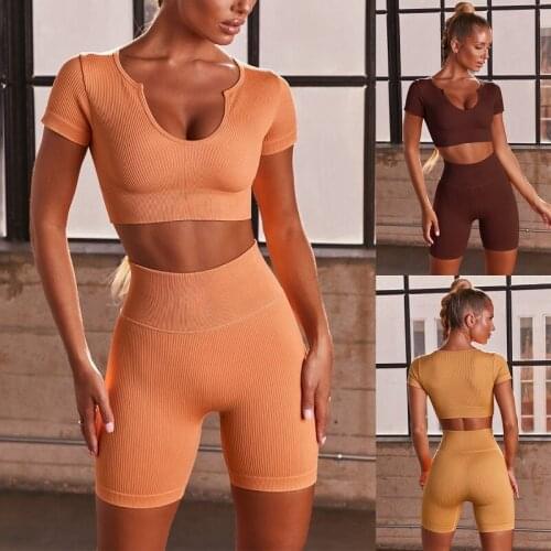 Seamless Yoga Set Workout Outfits Sportswear Sexy Gym Clothing Fitness U-neck Crop Top High Waist Running Shorts Sport Suits