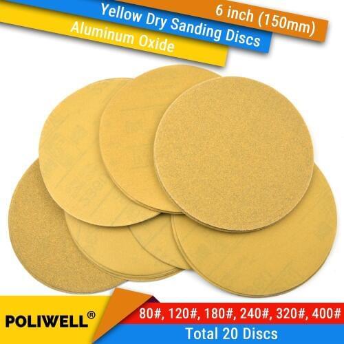 20PCS 6 Inch(150mm) 80#-400# Grit Yellow Hook&Loop Sanding Discs for Dry Sanding Paper Flocking Sandpaper Car Wood Polishing