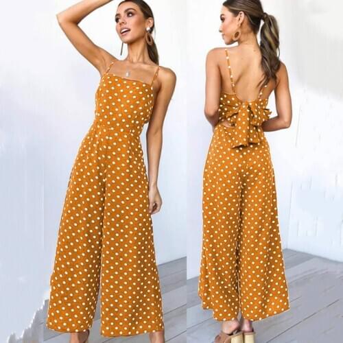 Elegant Sexy Jumpsuits For Women Sleeveless Polka Dots Loose Trousers Wide Leg Pants Rompers Backless Bow Leotard Overalls