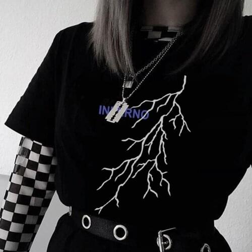 Harajuku Lightning Punk Goth Tops INFERNO Letter print Streetwear Ulzzang Grunge hip hop Vintage Loose chic casual women T-shirt