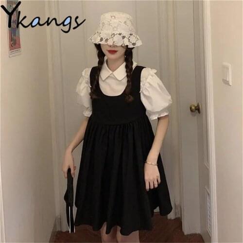 Korean Style Ruffles Bubble Short Sleeve Doll Collar Tops Black Suspender Dresses Summer New Fresh Sweet Plus Size Two Piece Set